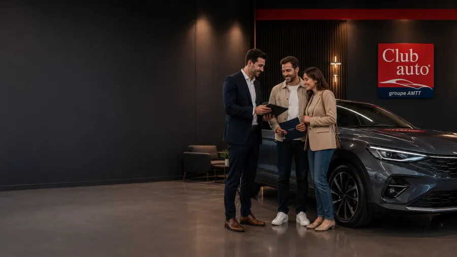Conseiller Club Auto présentant l'avancement de la commande à un couple