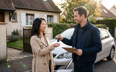 Remise des clés d'une voiture neuve livrée devant le domicile de la cliente